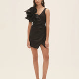 Black wrap mini dress with dramatic shoulder ruffle and feathered heels — Aje | Endless UAE