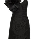 Black wrap mini dress with dramatic shoulder ruffle and feathered heels — Aje | Endless UAE