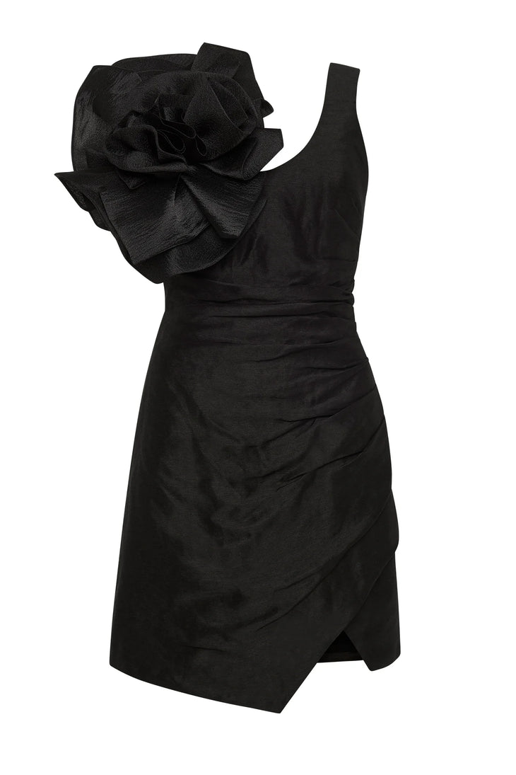 Black wrap mini dress with dramatic shoulder ruffle and feathered heels — Aje | Endless UAE