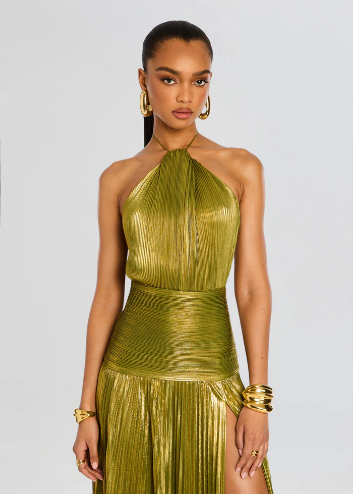 Metallic gold pleated halter neck dress with ruched waistband and maxi skirt — Retrofete | Endless UAE