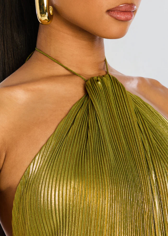 Metallic gold-green pleated halter neck dress with tie closure detail — Retrofete | Endless UAE