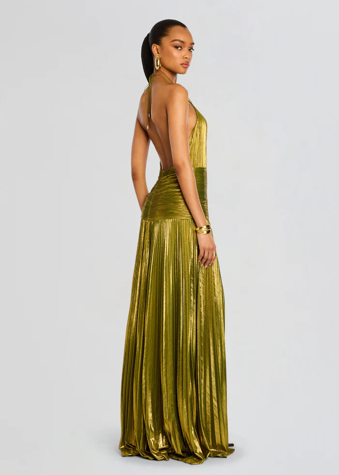 Retrofete Thalia Dress in chartreuse metallic pleated fabric with open back and halter neck detail — Retrofete | Endless UAE