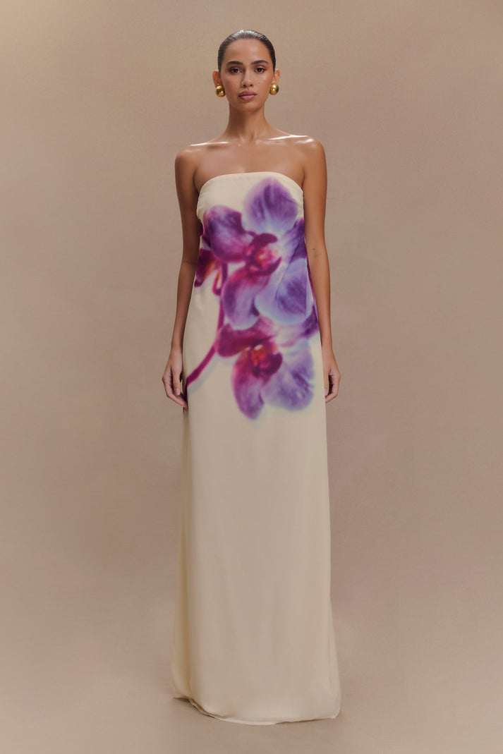 Strapless ivory chiffon maxi dress with purple orchid print, featuring straight neckline and floor-length silhouette — Meshki | Endless UAE