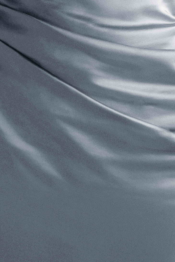 Woman wearing white off-shoulder satin maxi dress with draped neckline — Meshki | Endless UAE