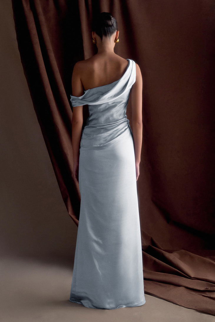Woman wearing white off-shoulder satin maxi dress with draped neckline — Meshki | Endless UAE