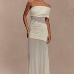 Elegant ivory one-shoulder maxi dress with ruched mesh bodice and flowing skirt — Meshki | Endless UAE