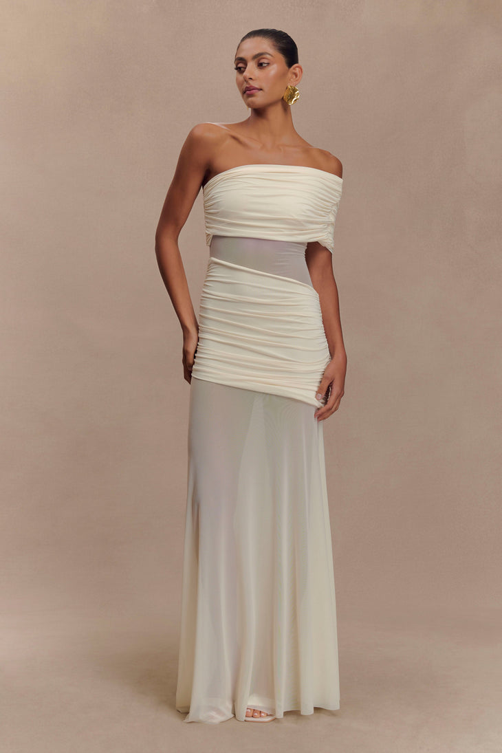 Elegant ivory one-shoulder maxi dress with ruched mesh bodice and flowing skirt — Meshki | Endless UAE