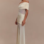 Elegant off-white mesh maxi dress with ruched off-shoulder bodice and flowing silhouette on model — Meshki | Endless UAE