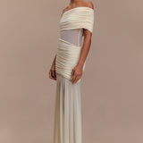 Elegant off-white mesh maxi dress with ruched off-shoulder bodice and flowing silhouette on model — Meshki | Endless UAE