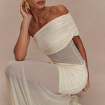Elegant cream off-shoulder mesh maxi dress with draped detailing and flowing silhouette — Meshki | Endless UAE