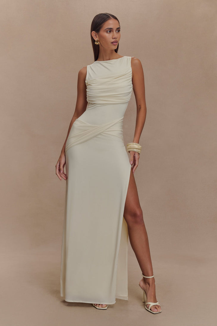 Ivory sleeveless maxi dress with ruched bodice and high leg slit — Meshki | Endless UAE