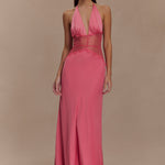 Pink halterneck maxi dress with lace waist detail and flowing satin skirt — Meshki | Endless UAE