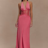 Pink halterneck maxi dress with lace waist detail and flowing satin skirt — Meshki | Endless UAE