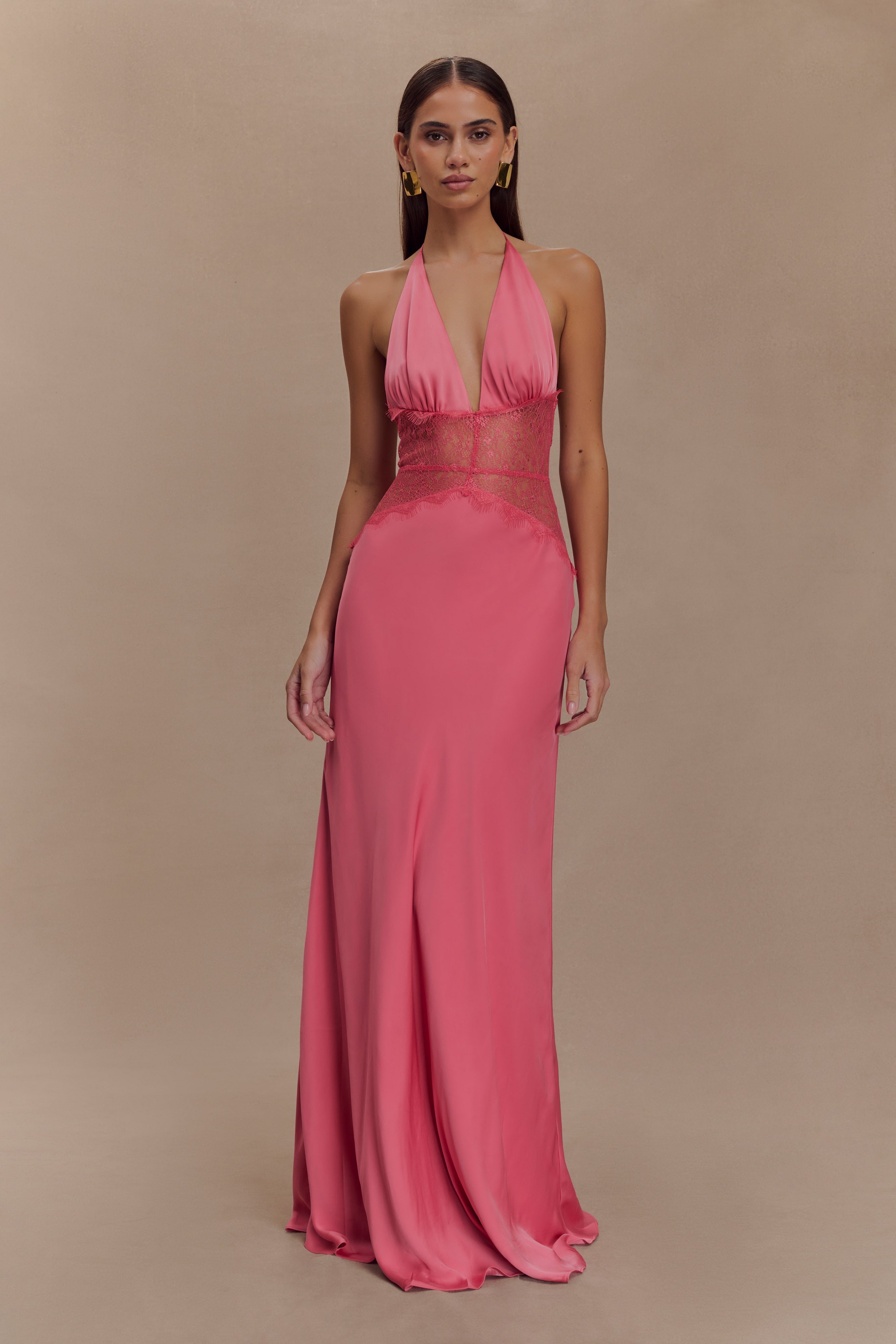 Pink halterneck maxi dress with lace waist detail and flowing satin skirt — Meshki | Endless UAE