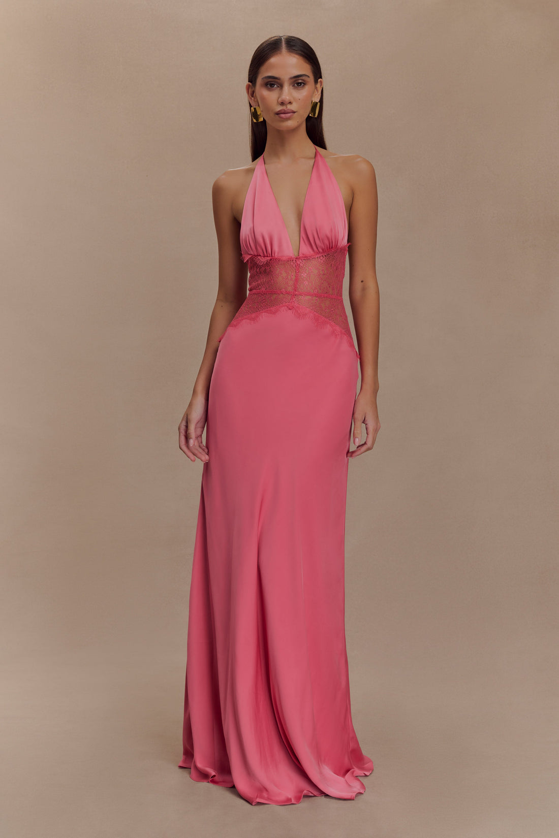 Pink halterneck maxi dress with lace waist detail and flowing satin skirt — Meshki | Endless UAE