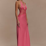 Pink halterneck maxi dress with lace waist detail and flowing satin skirt — Meshki | Endless UAE