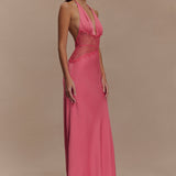 Pink halterneck maxi dress with lace waist detail and flowing satin skirt — Meshki | Endless UAE