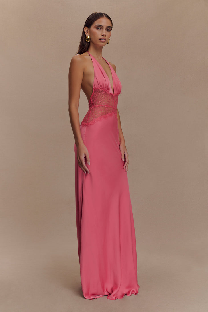 Pink halterneck maxi dress with lace waist detail and flowing satin skirt — Meshki | Endless UAE