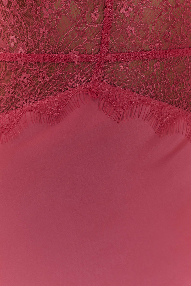 Pink halterneck maxi dress with lace waist detail and flowing satin skirt — Meshki | Endless UAE
