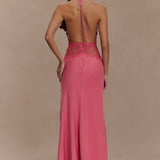 Pink halterneck maxi dress with lace waist detail and flowing satin skirt — Meshki | Endless UAE
