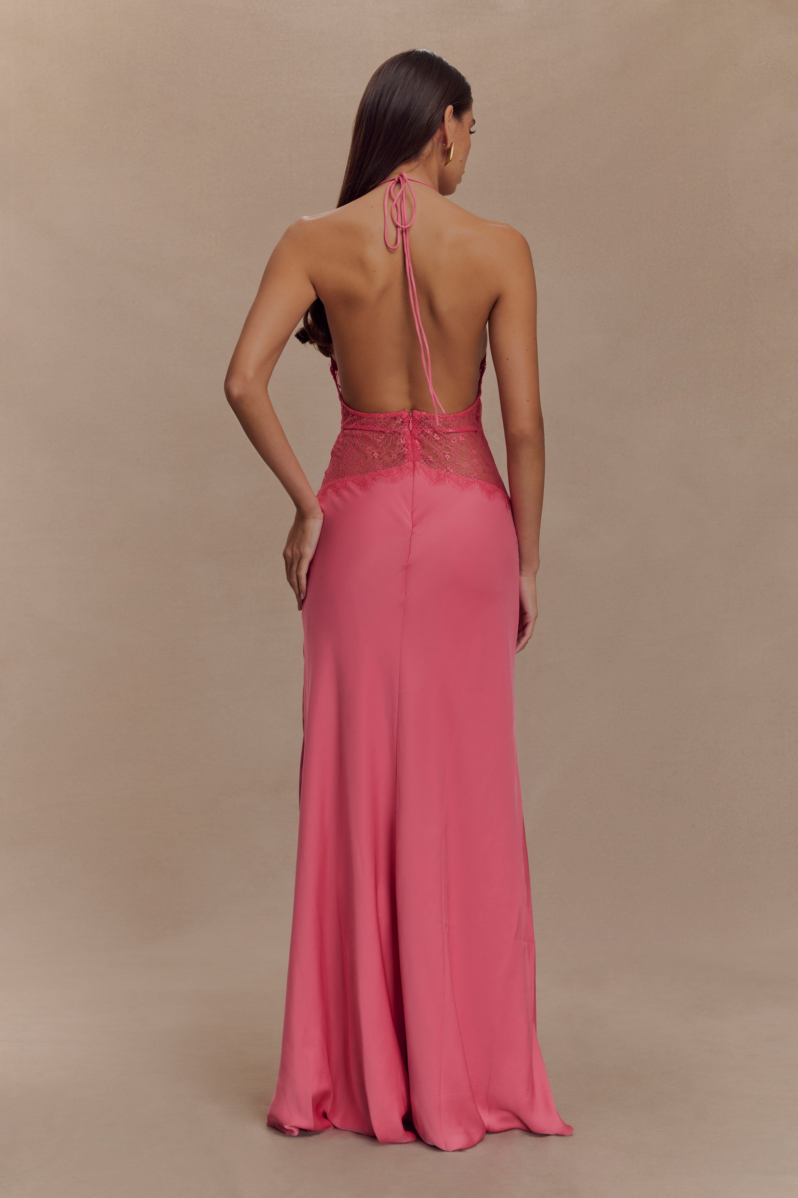 Pink halterneck maxi dress with lace waist detail and flowing satin skirt — Meshki | Endless UAE