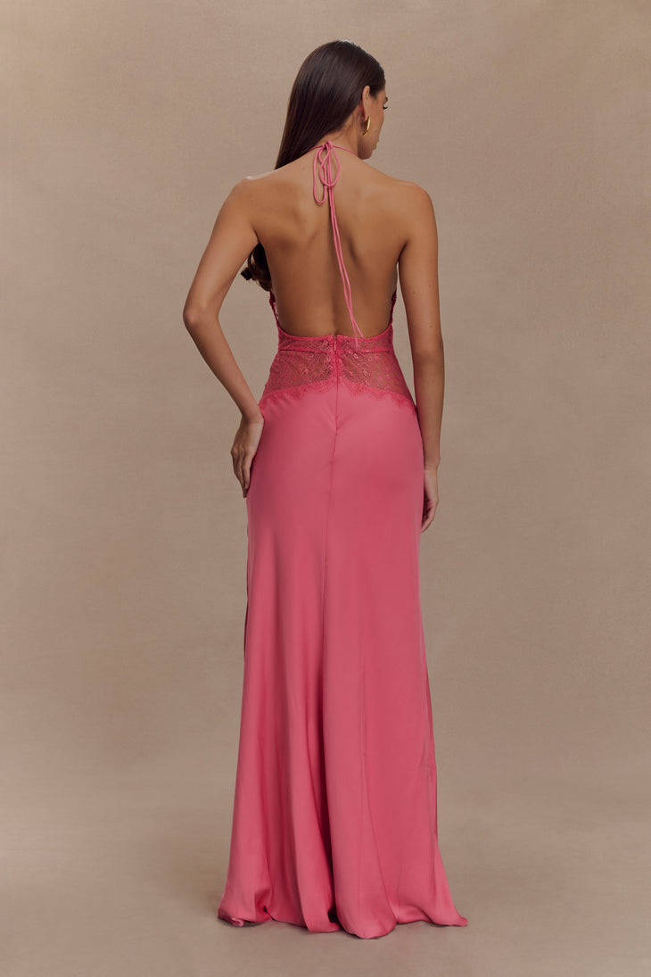 Pink halterneck maxi dress with lace waist detail and flowing satin skirt — Meshki | Endless UAE