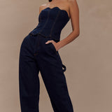 Dark denim strapless corset top with scalloped neckline and contrast stitching detail — Meshki | Endless UAE