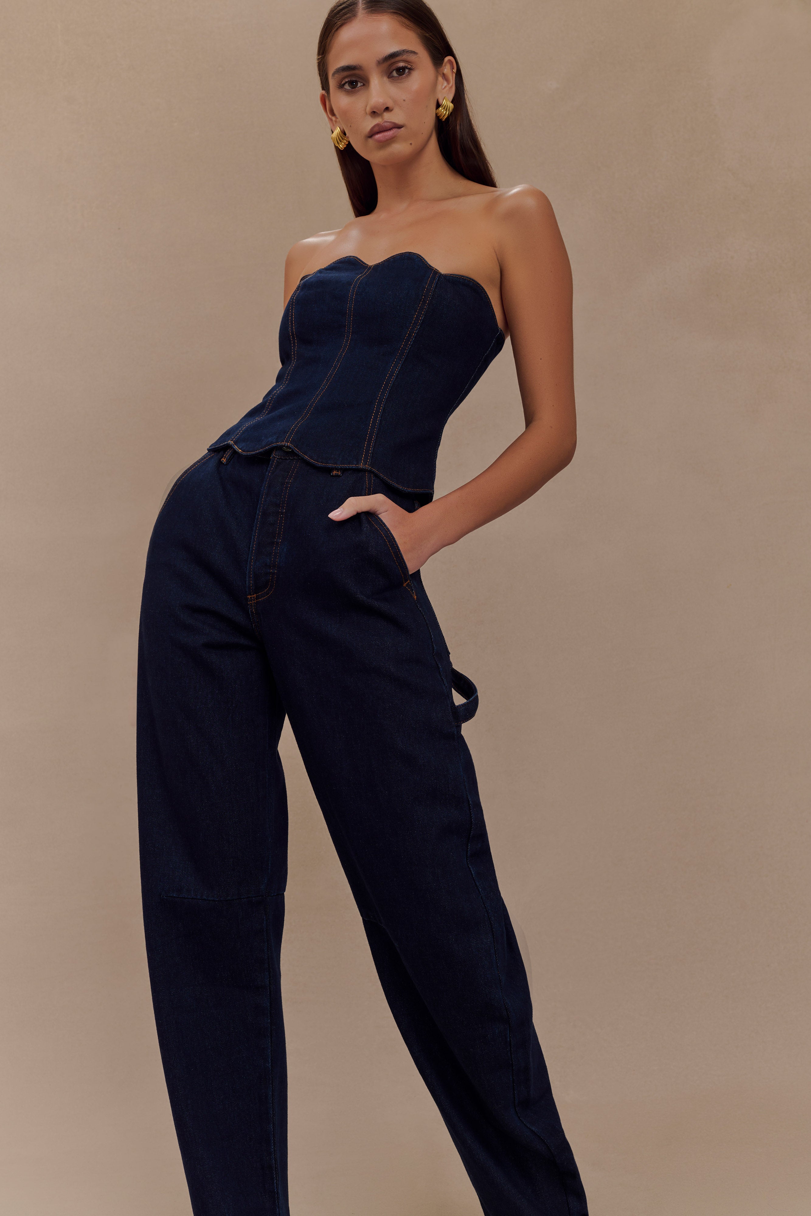 Dark denim strapless corset top with scalloped neckline and contrast stitching detail — Meshki | Endless UAE