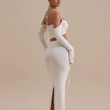 Elegant vanilla white off-shoulder co-ord set with cutout detail and high slit skirt — Wanderdoll | Endless UAE