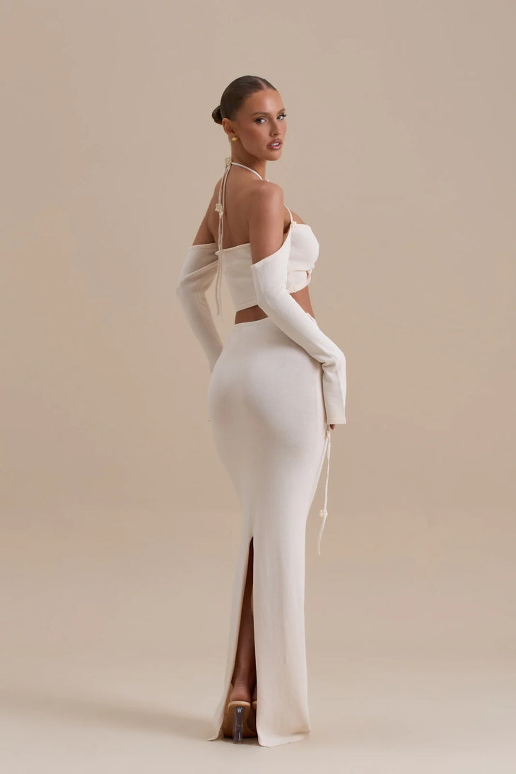 Elegant vanilla white off-shoulder co-ord set with cutout detail and high slit skirt — Wanderdoll | Endless UAE