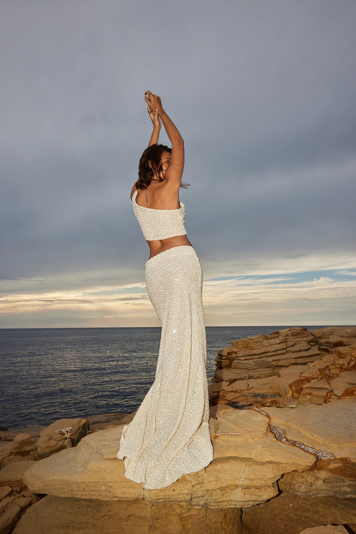 Gracioneta ivory sequin two-piece bridal set with off-shoulder crop top and flowing maxi skirt — Label Loft London | Endless UAE