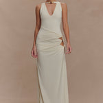 Cream sleeveless maxi dress with beaded neckline and side cutouts — Meshki | Endless UAE