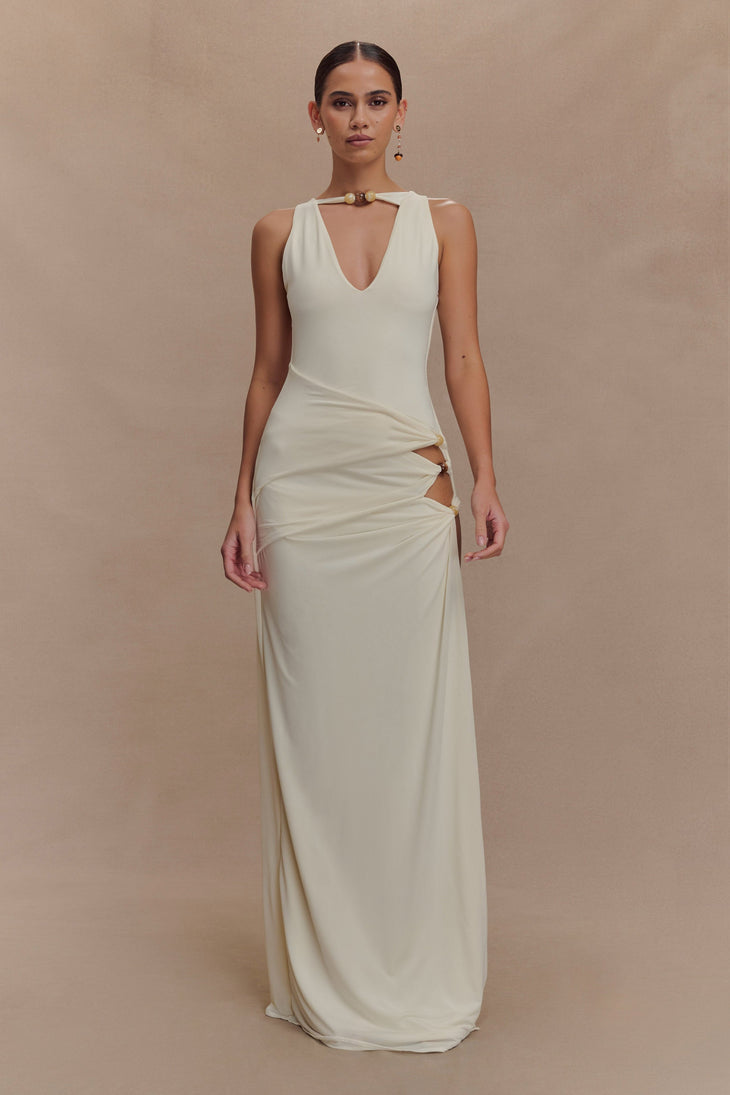 Cream sleeveless maxi dress with beaded neckline and side cutouts — Meshki | Endless UAE