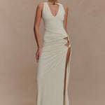 Cream sleeveless maxi dress with beaded neckline and side cutouts — Meshki | Endless UAE