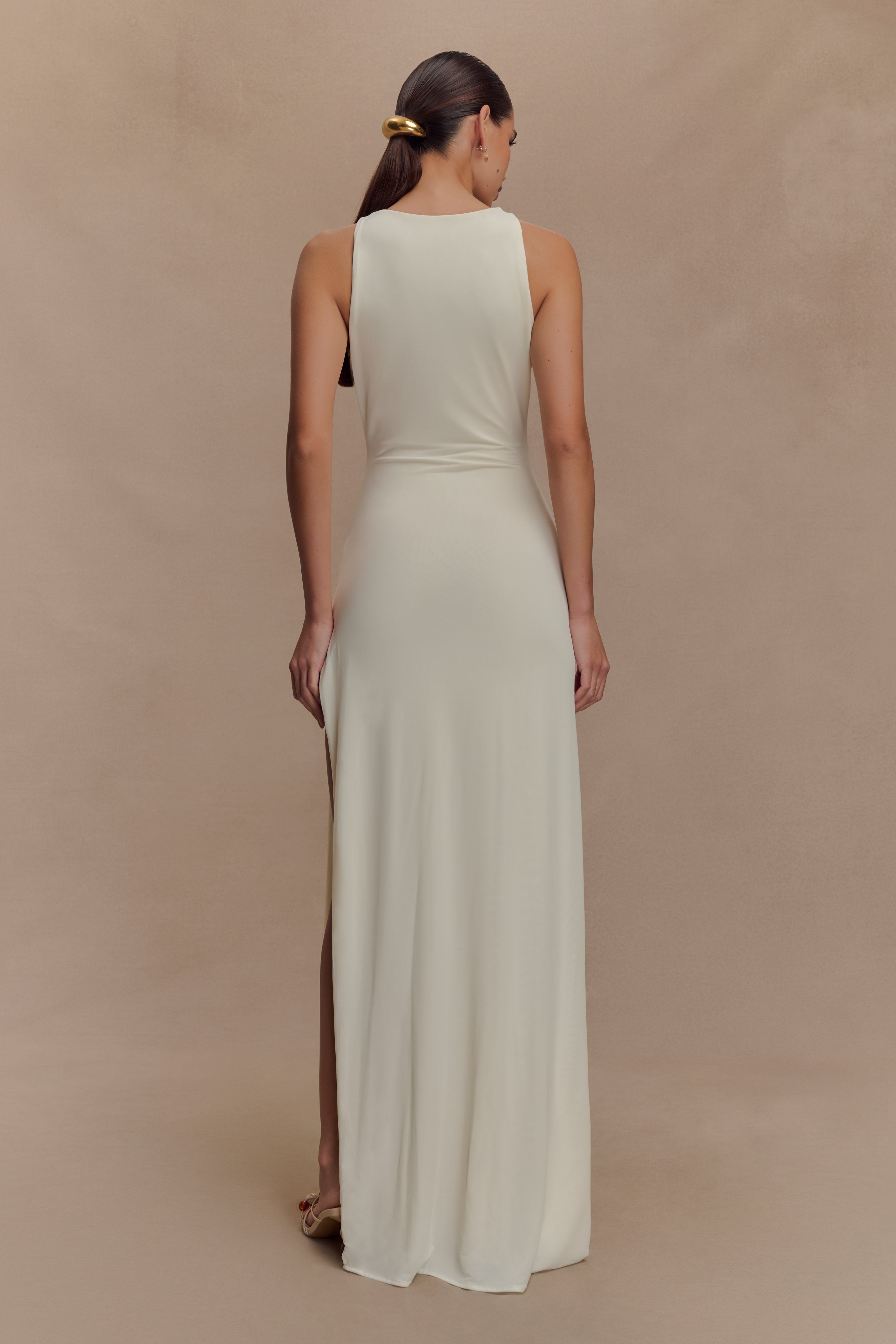 Cream sleeveless maxi dress with beaded neckline and side cutouts — Meshki | Endless UAE
