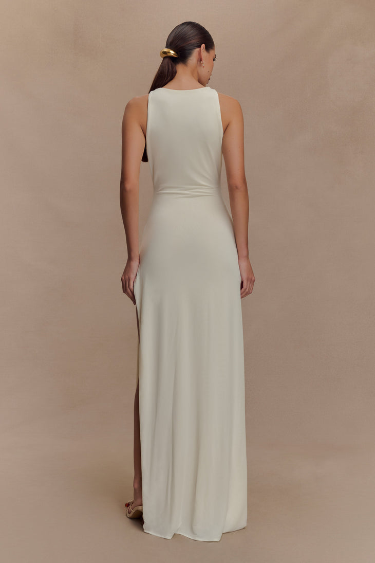 Cream sleeveless maxi dress with beaded neckline and side cutouts — Meshki | Endless UAE