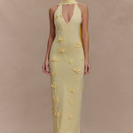 Wynn Floral Knit Midi Dress in pale yellow with 3D floral details and cutout neckline — Meshki | Endless UAE