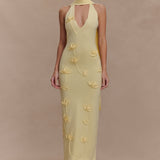 Wynn Floral Knit Midi Dress in pale yellow with 3D floral details and cutout neckline — Meshki | Endless UAE