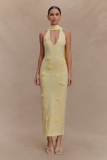 Wynn Floral Knit Midi Dress in pale yellow with 3D floral details and cutout neckline — Meshki | Endless UAE