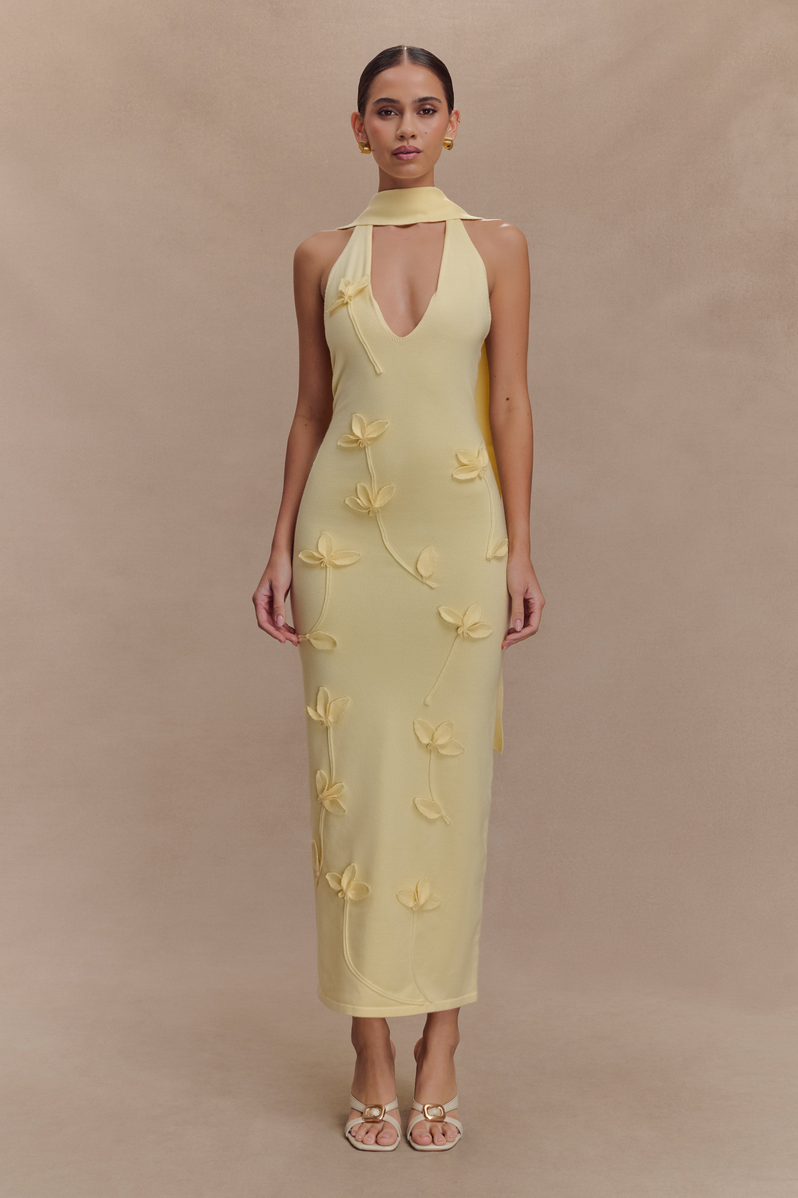 Wynn Floral Knit Midi Dress in pale yellow with 3D floral details and cutout neckline — Meshki | Endless UAE