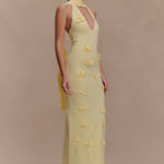 Wynn Floral Knit Midi Dress in pale yellow with 3D floral details and cutout neckline — Meshki | Endless UAE