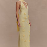 Wynn Floral Knit Midi Dress in pale yellow with 3D floral details and cutout neckline — Meshki | Endless UAE