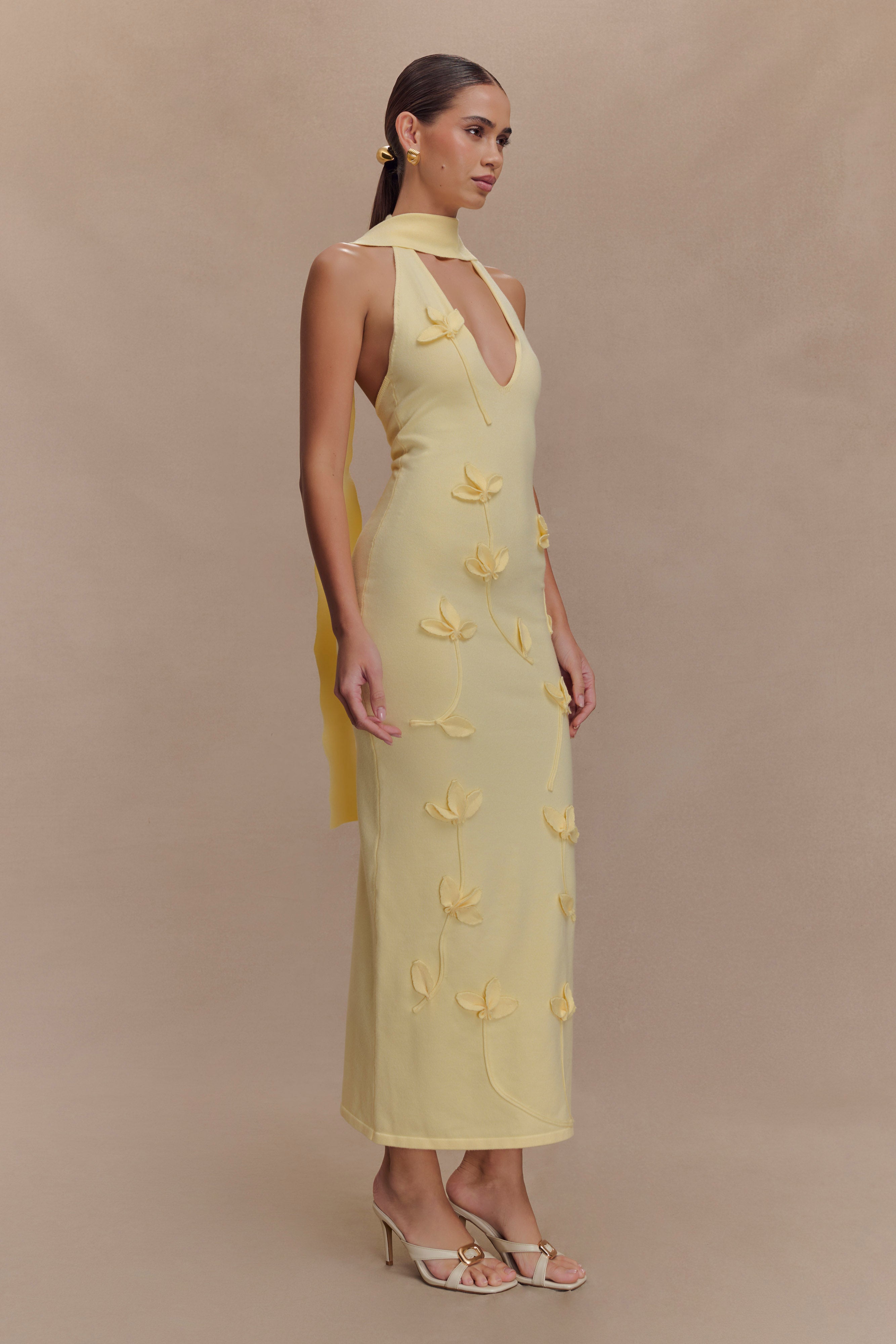 Wynn Floral Knit Midi Dress in pale yellow with 3D floral details and cutout neckline — Meshki | Endless UAE