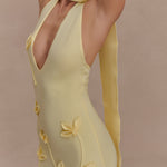 Wynn Floral Knit Midi Dress in pale yellow with 3D floral details and cutout neckline — Meshki | Endless UAE