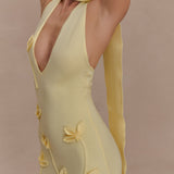 Wynn Floral Knit Midi Dress in pale yellow with 3D floral details and cutout neckline — Meshki | Endless UAE