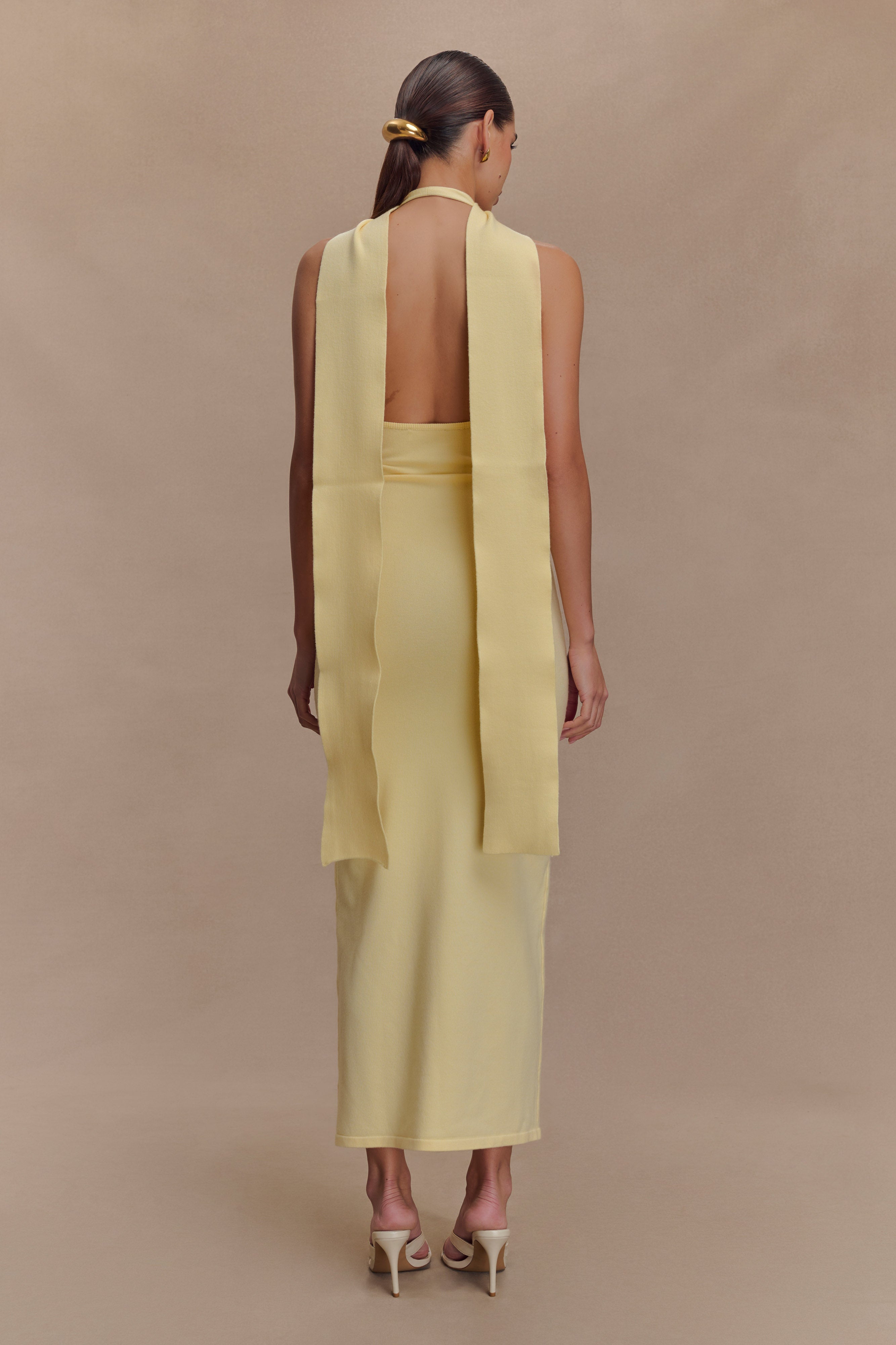Wynn Floral Knit Midi Dress in pale yellow with 3D floral details and cutout neckline — Meshki | Endless UAE