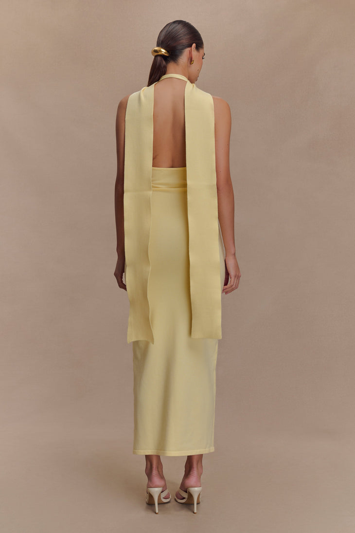 Wynn Floral Knit Midi Dress in pale yellow with 3D floral details and cutout neckline — Meshki | Endless UAE