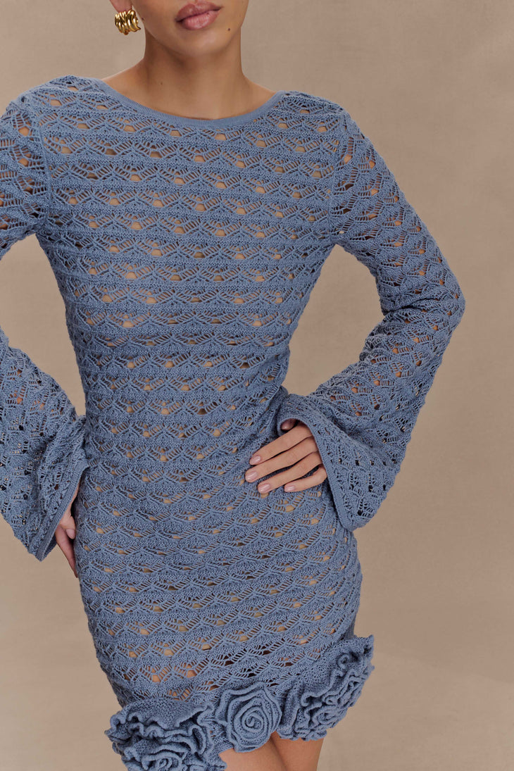 Blue crochet mini dress with ruffle hem and long sleeves — Meshki | Endless UAE