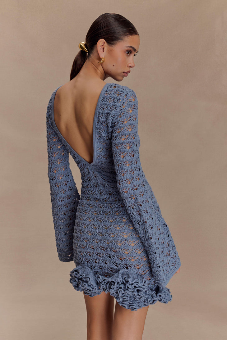 Blue crochet mini dress with ruffle hem and long sleeves — Meshki | Endless UAE