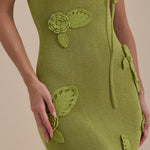 Green knit maxi dress with leaf appliqués and cutout details — Wanderdoll | Endless UAE